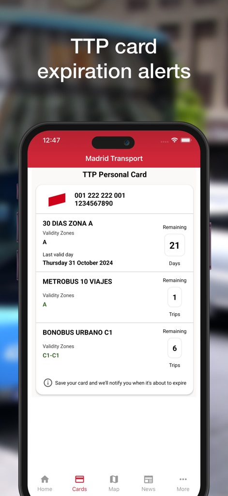 Madrid Transport - TTP - This tool allows users to monitor their TTP personal card details, including validity zones and remaining trips, and receive alerts before expiration.