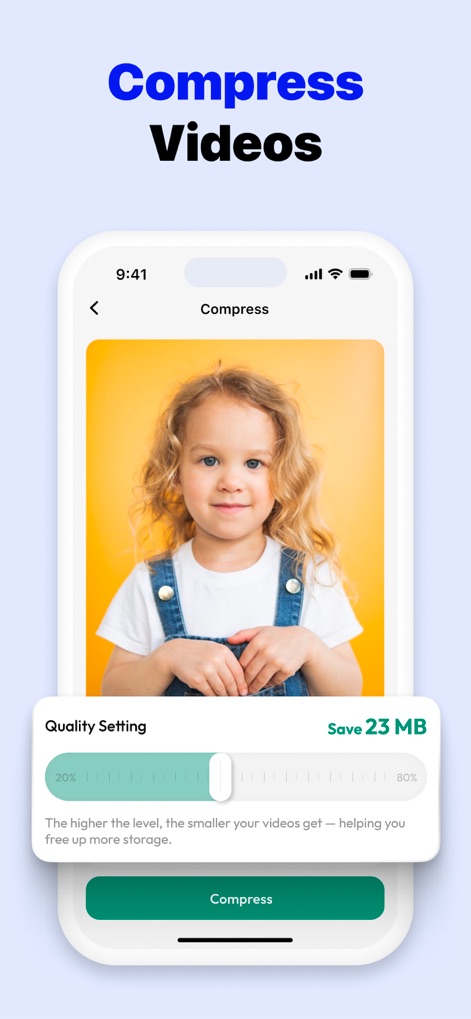 Clean Master: AI Clean Storage - Explore the app's efficient video compression utility, featuring an adjustable quality slider and real-time file size saving to maximize device space.