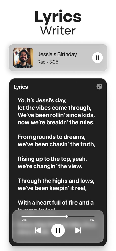 MyTunes : AI Music Generator - The integrated Lyrics Writer offers a full-screen display of generated lyrics, complete with a progress bar and intuitive playback controls for easy review.
