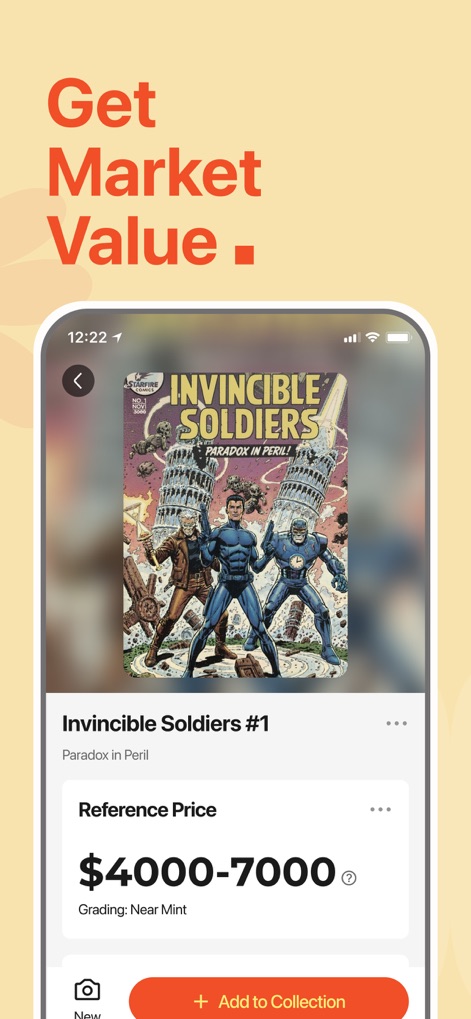 ComicSnap: Identify Comic Book - Users can view a specific comic's reference price range and suggested grading (e.g., Near Mint), with the option to instantly add it to their digital collection.