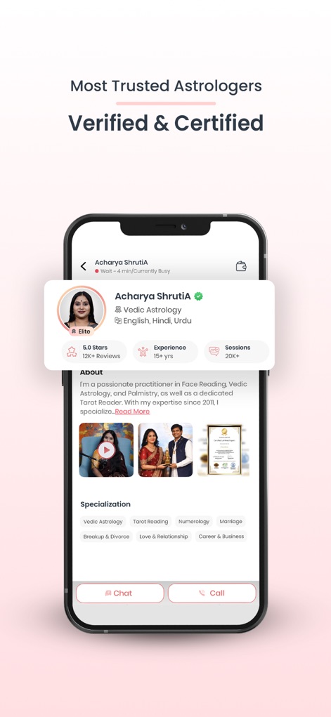 Anytime Astro Live Chat & Talk - Examine comprehensive astrologer profiles showcasing their verified status and specializations, providing users with assurance through detailed qualifications and experience.