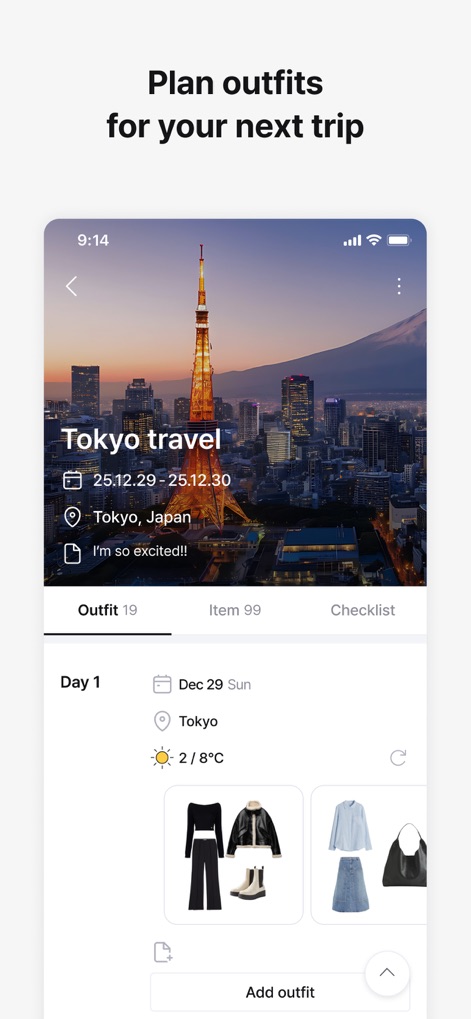 Acloset - AI Fashion Assistant - Understand how the app facilitates trip packing, allowing users to plan "Outfit" counts per day and manage a comprehensive "Checklist" for their journey.