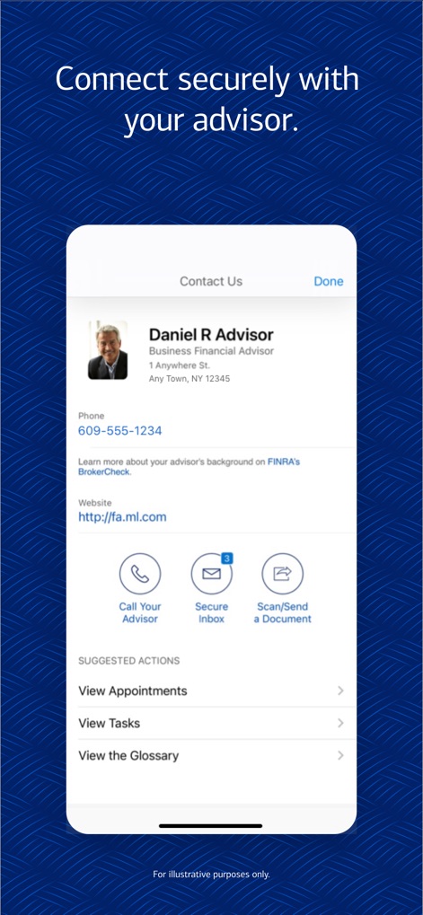 MyMerrill - Connect directly with the user's financial advisor through this dedicated contact screen, offering options to make a call or securely send documents.