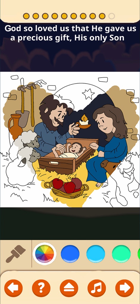 SunScool - Bible for Kids - L'application permet aux enfants d'exprimer leur créativité avec cette activité de coloriage interactive de la Nativité, offrant une riche palette de couleurs pour personnaliser la scène sacrée.