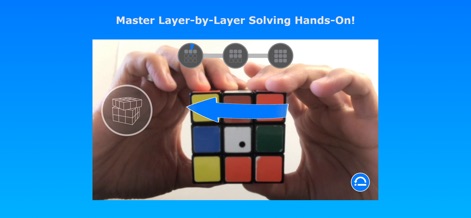 Cube AR - Cette capture révèle des flèches de rotation sur mesure et un icône de cube 3D interactif, montrant aux utilisateurs comment manipuler le Rubik's Cube avec une précision augmentée.
