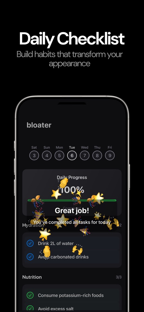 bloater ai - The app supports habit formation with a clear "Daily Checklist" that celebrates "Daily Progress" milestones to reinforce healthy choices.