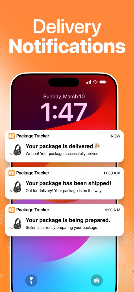 Package Tracker & Track Parcel - Esta captura muestra cómo la aplicación mantiene a los usuarios informados a través de múltiples notificaciones push en la pantalla de bloqueo, detallando distintos estados de entrega como 'delivered' y 'shipped'.