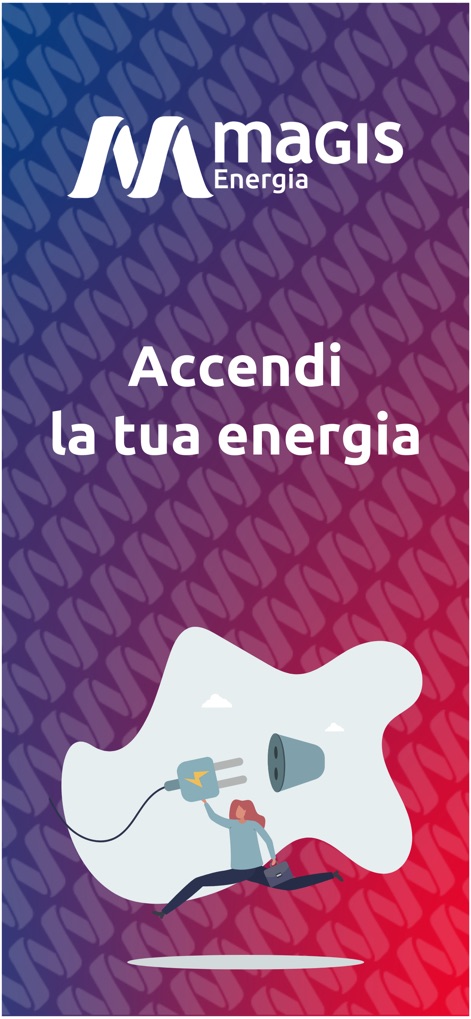 Magis Energia - La aplicación da la bienvenida a los usuarios con el logotipo de Magis Energia en la parte superior y una ilustración dinámica de conexión en la inferior, invitándolos a iniciar su gestión energética.