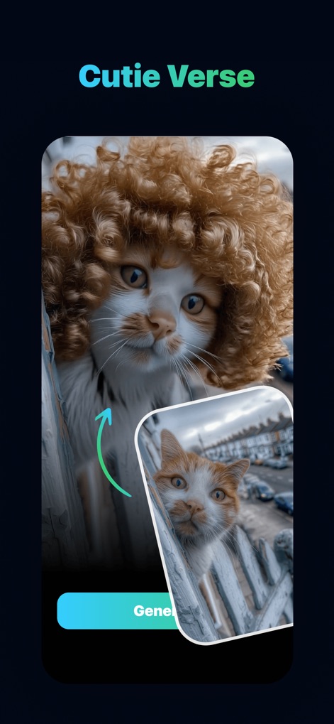 Sizzling - Explore "Cutie Verse," an AI feature that transforms pet photos into whimsical new characters, demonstrating a cat adorned with a curly wig and altered facial features.