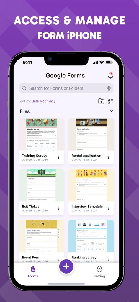 Form For Google Forms & Docs - Effortlessly access and manage all forms from one central location, clearly displaying entries like 'Training Survey' and 'Event Form'.