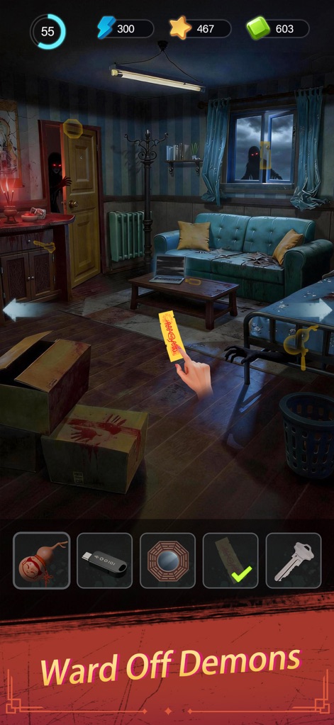 Haunted Merge: Horror Story - Users navigate dangerous environments, utilizing an intuitive inventory bar to manage vital tools like the talisman and various key items for protection and progression.