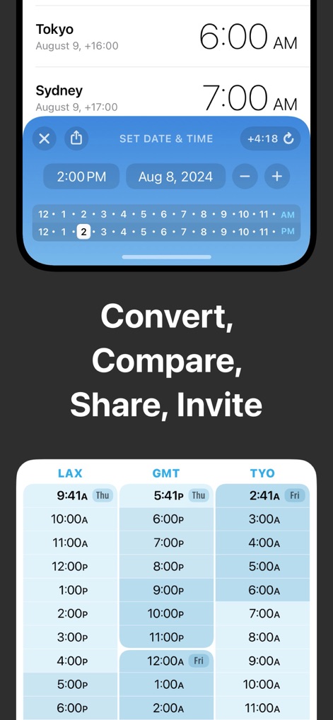 World Clock Time Zone Widgets - L'app include un potente strumento di conversione che consente di impostare data e ora precise, visualizzando una chiara tabella comparativa dei fusi orari per una coordinazione impeccabile.