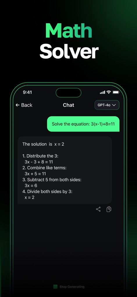 AI Chat Bot - My Assistant - ユーザーは方程式を入力するだけで、「3(x-1)+8=11」のような数学問題を解決でき、詳細な解法プロセスを段階的に確認できます。