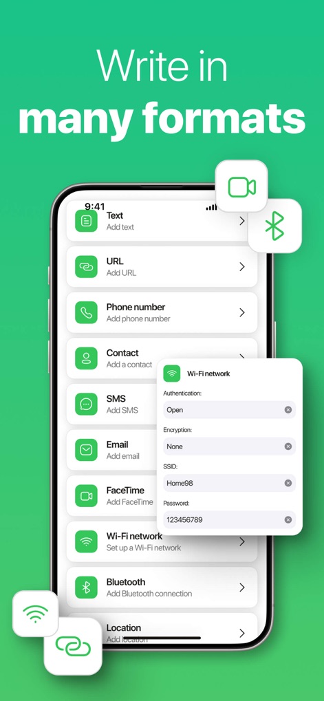 NFC Reader & Scannerㅤ - Beyond basic text, users can configure complex data types like "Wi-Fi network" credentials and "Bluetooth" connections directly.