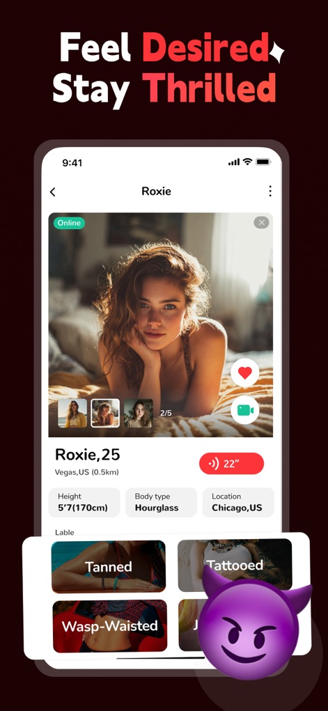 Adult Flirt Meetup App - XDate - Users can explore comprehensive profiles, featuring detailed personal attributes like 'Body type' and 'Quick-Tag Interests', along with immediate video call options.