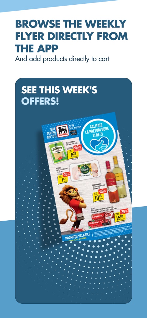 Mega Image Online - The app provides a convenient digital view of the weekly flyer, showcasing current product offers with clear pricing and discounts, directly accessible for browsing.