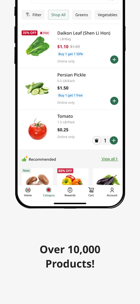 99 Ranch Market: Asian Grocery - Die App zeigt eine vielfältige Produktauswahl mit Artikeln wie "Daikon Leaf" und "Persian Pickle", oft begleitet von attraktiven Rabatten wie "35% Rabatt" oder "Kaufe 1, erhalte 1 50% günstiger".