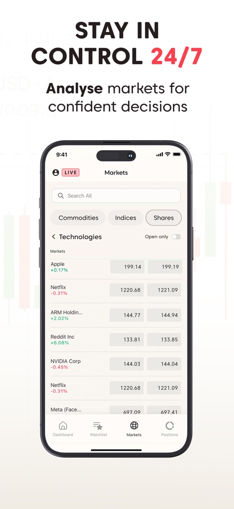 Axi Trading Platform - Die App präsentiert eine vielfältige Auswahl an Märkten, darunter Rohstoffe und Aktien, und bietet Echtzeit-Updates für Unternehmen wie Netflix und NVIDIA.