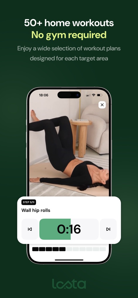 Lasta Fit: Your Wellness Coach - The app provides step-by-step guided workouts with a clear video demonstration and an integrated timer for exercises such as "Wall hip rolls."