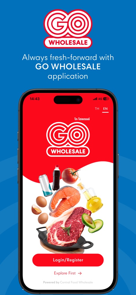 GO WHOLESALE - Users are greeted by an intuitive login/register interface, prominently displaying the app's diverse product range like fresh produce and essential groceries.