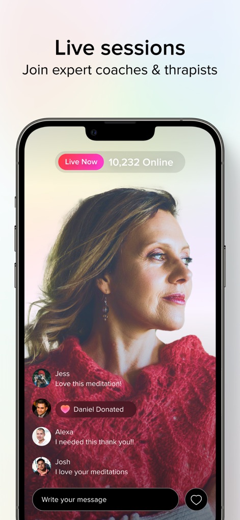 Aura: Meditation & Sleep, CBT - Engage with the dynamic "Live sessions" feature, displaying the real-time "10,232 Online" participant count and interactive user "chat" for community engagement.