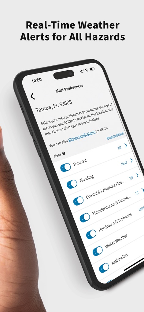 FEMA - This tool allows users to customize "Alert Preferences" for specific locations and manage notifications for various "Hazard Types" using intuitive toggle switches.