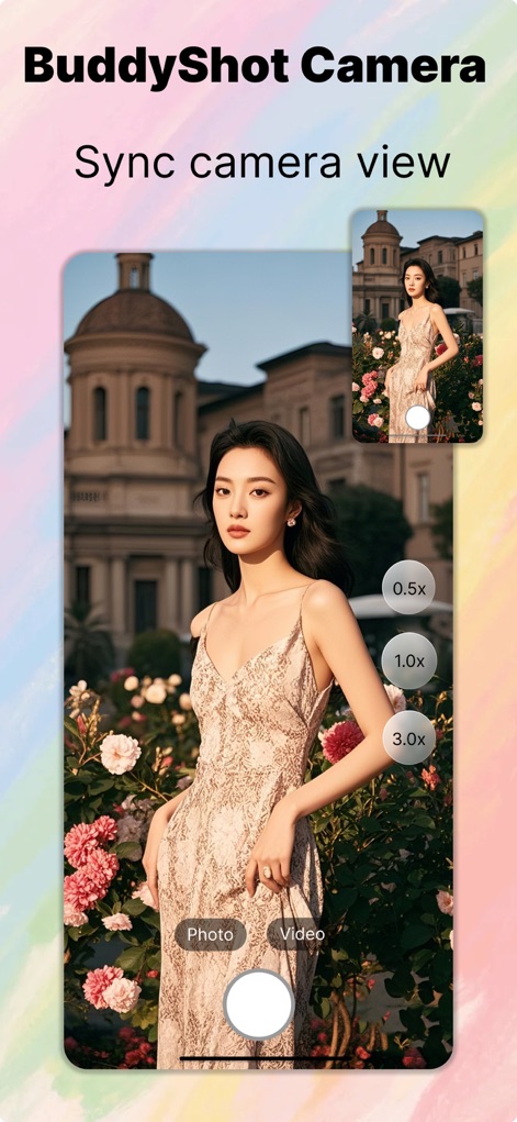 CamFusion - Dual Camera 视频抽帧截图 - Esta herramienta presenta una función de 'BuddyShot Camera' que permite sincronizar la vista de la cámara entre dispositivos y controlar el zoom con opciones de 0.5x, 1.0x y 3.0x para fotografía colaborativa.