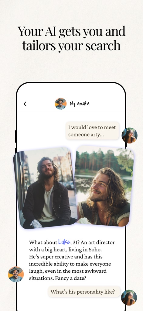 Amata: Matchmaking Club - Users interact with the AI matchmaker, receiving curated suggestions such as "Luke, 31? An art director living in Soho" complete with photos, and can ask for more details about the suggested match.