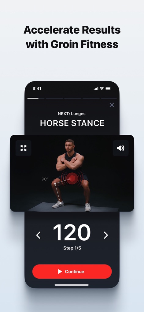 Dr. Kegel: For Men’s Health - Discover additional support with 'Groin Fitness', showcasing targeted exercises like 'HORSE STANCE' and a clear 'Step 1/5' progression for accelerated results.