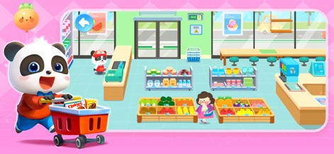Baby Panda World - BabyBus - パンダの買い物客キャラクターがカートを押し、新鮮な商品が並ぶスーパーの棚を探索することで、社会的なスキルを学ぶことができます。