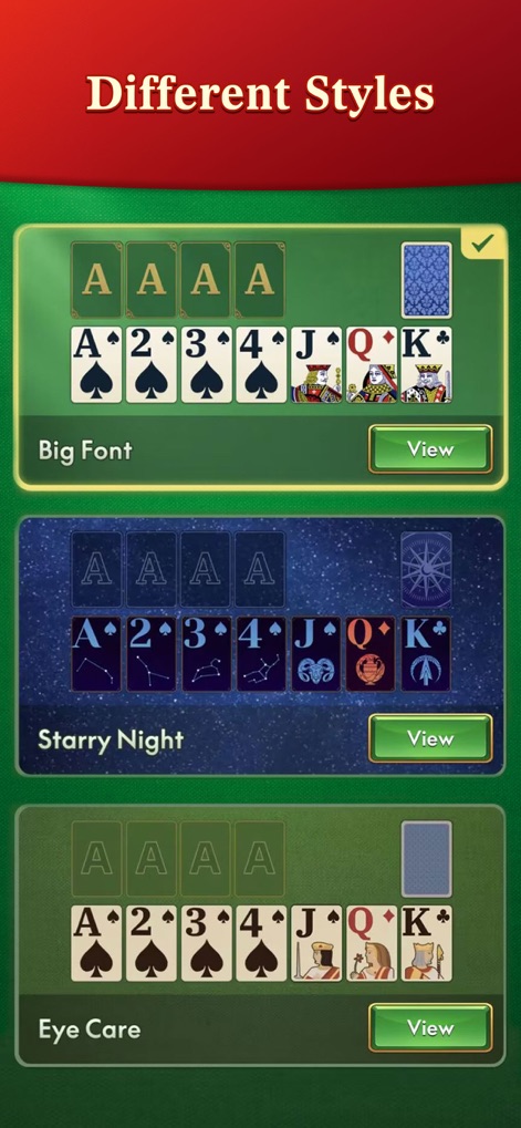 Solitaire Master - Classic - Los usuarios pueden personalizar la experiencia visual, eligiendo entre diferentes estilos de cartas como 'Big Font' para mayor legibilidad y fondos variados que se adaptan a sus preferencias.