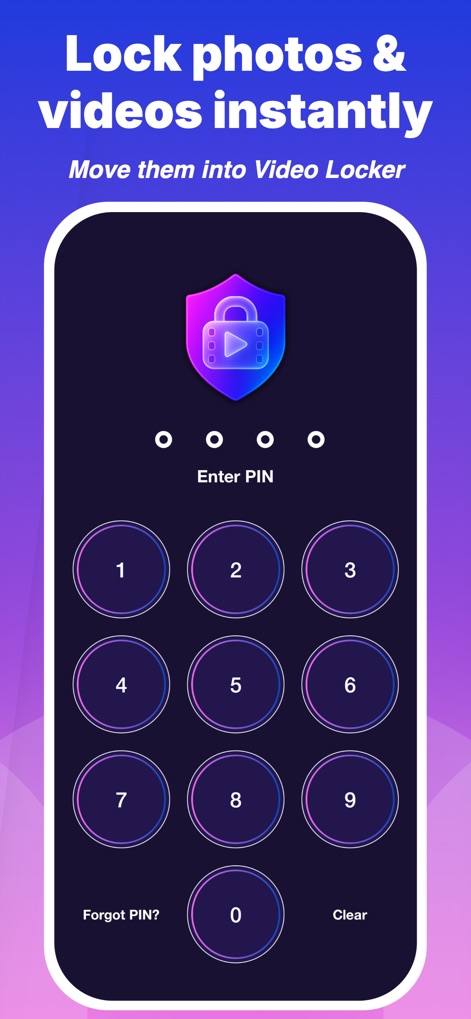 Private Photo & Video Lock - セキュリティを象徴する中央のロックアイコンと、直感的で分かりやすい数字キーパッドにより、ユーザーは瞬時に写真やビデオをPINで保護できます。