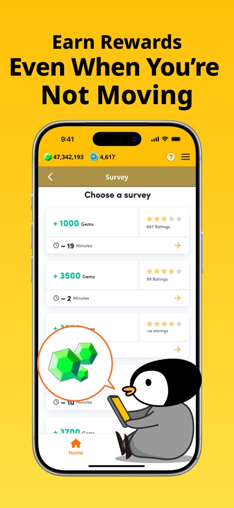 GeoSmile - Move to Earn Money - Esta imagen demuestra métodos adicionales para ganar puntos, incluso en días de descanso, presentando una lista de encuestas disponibles con la cantidad de Gemas y la duración estimada para cada una.