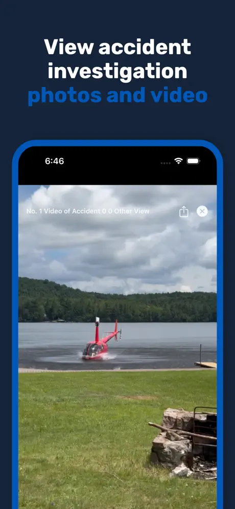 App Store screenshot showing the accident media viewer with investigation video.