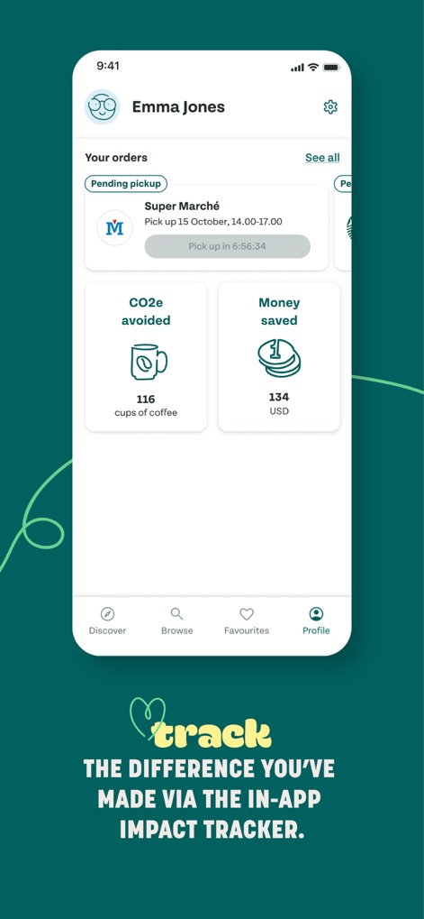 Too Good To Go: End Food Waste - Review the 'Profile' section where users can visualize their positive contribution, tracking 'CO2e avoided' (e.g., 116 cups of coffee) and 'Money saved' (e.g., 134 USD).