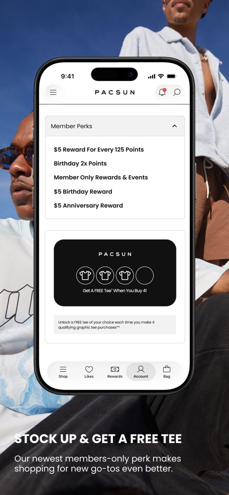 Pacsun - Dive into the 'Member Perks' section, showcasing detailed loyalty benefits like 'points per spend' and exclusive offers such as the 'Get A FREE Tee' promotion.