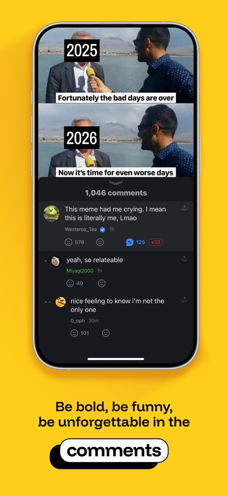 iFunny－funny videos，memes，GIFs - El poder de las interacciones se muestra en la sección de comentarios, donde los usuarios debaten y reaccionan a un meme sobre los años 2025 y 2026, con respuestas y conteos de reacciones visibles.