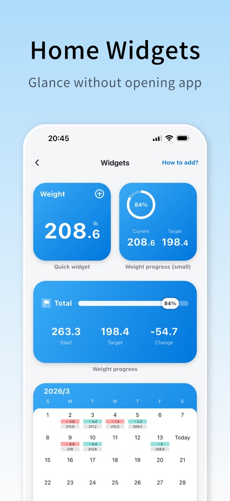 WeightDiary - Track better you - Vários widgets são apresentados, mostrando o peso atual em um widget rápido e o progresso em relação ao objetivo em outro, para visualização rápida na tela inicial.