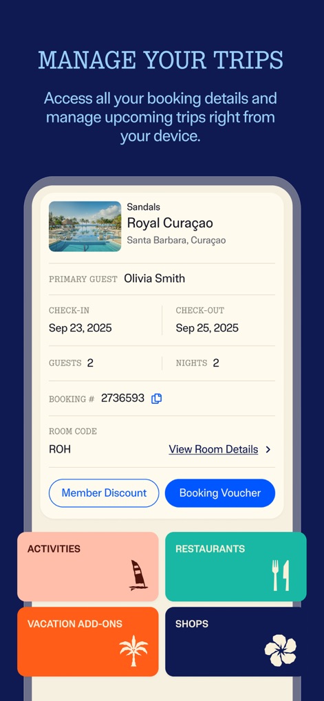 Sandals & Beaches Resorts - This tool centralizes vacation planning, showcasing detailed booking information including guest name and dates, alongside quick access to activity categories.