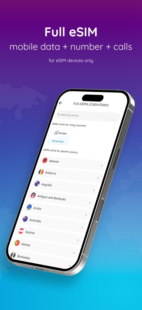 Numero: Data & Virtual Numbers - Dieses Tool präsentiert umfassende eSIM-Angebote, die mobile Daten und Telefonie umfassen, visualisiert durch die detaillierte Länderliste und die Kategorie „Full eSIMs (Calls+Data)“.