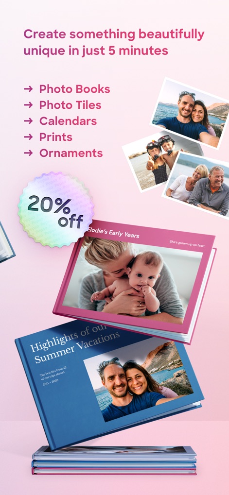 Popsa | Print Your Photos - This tool showcases its diverse range of customizable photo products, from elegant Photo Books and Photo Tiles to personalized Calendars and Ornaments, all highlighted by a "20% off" discount.