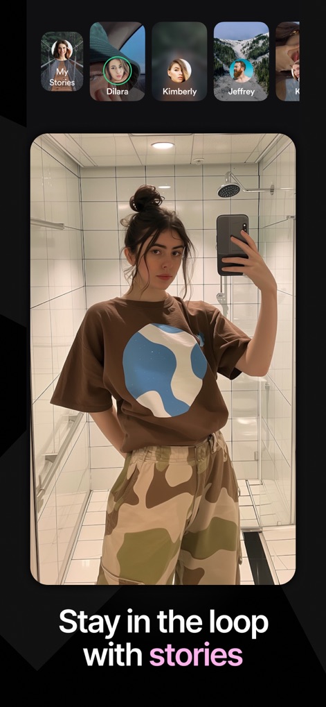 MatchPub: Live 1:1 Video Chat - L'app integra una sezione dedicata alle storie, visibile con le miniature 'My Stories' e 'Dilara', dove gli utenti possono pubblicare aggiornamenti e rimanere sempre connessi.