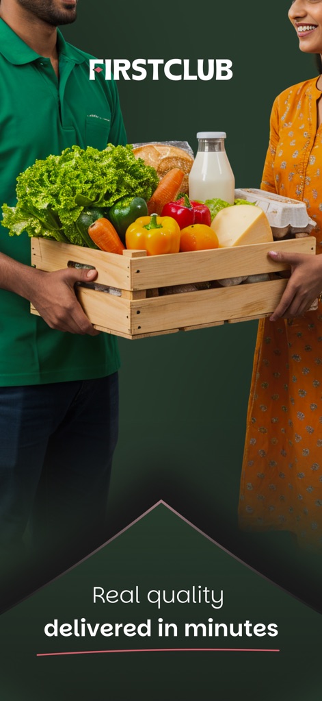 FirstClub: Quality in minutes - 鮮度抜群の野菜や乳製品が詰まった木箱が、笑顔の配達員から顧客に手渡され、品質と信頼性へのこだわりを示しています。