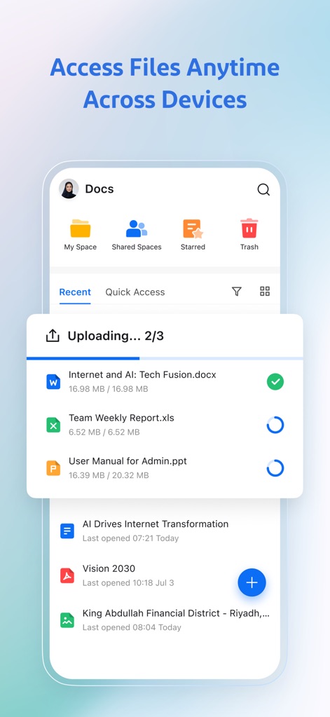 Beem: One Platform for Work - The tool provides centralized file access across devices, evident in the organized file management interface with "My Space" and "Shared Spaces" tabs, alongside clear upload progress for documents.