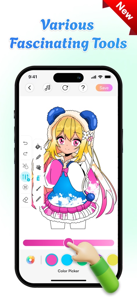 Corly: Color Picker Relax - Explore um painel lateral com pincéis e texturas e um seletor de cores deslizante que oferece uma vasta gama de tonalidades para dar vida às ilustrações.