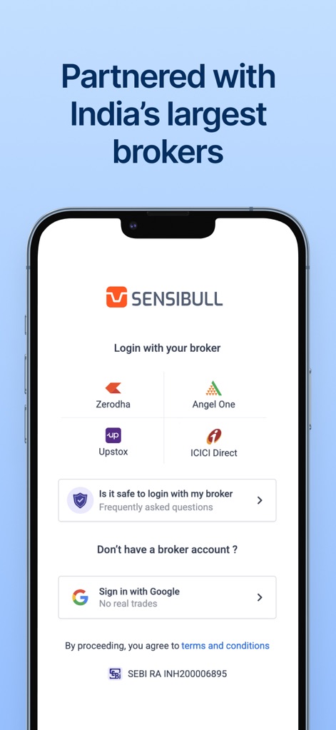 Sensibull for Options Trading - Dieses Tool ermöglicht eine direkte Anmeldung über Indiens größte Broker wie Zerodha und Angel One, oder alternativ über eine schnelle Google-Anmeldung.