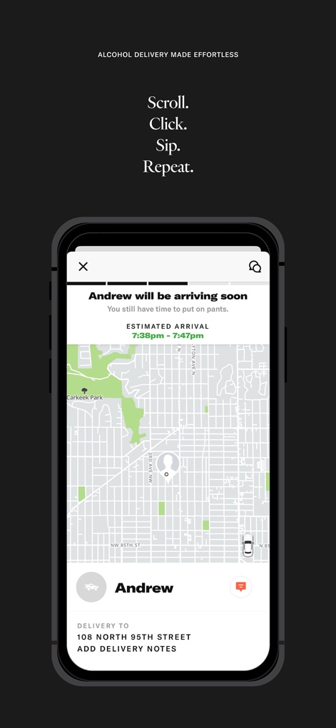 Saucey: Alcohol Delivery - The app provides real-time tracking on a live map and an estimated arrival time, keeping users informed about their courier's progress.