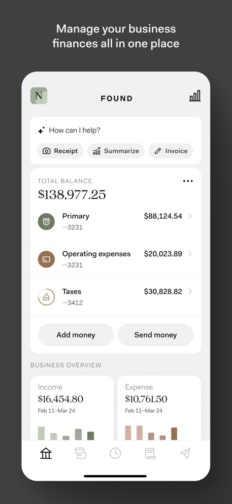 Found: Business Banking - The app centralizes finances, showcasing total balance across dedicated pockets and providing a clear business overview with income and expense charts.