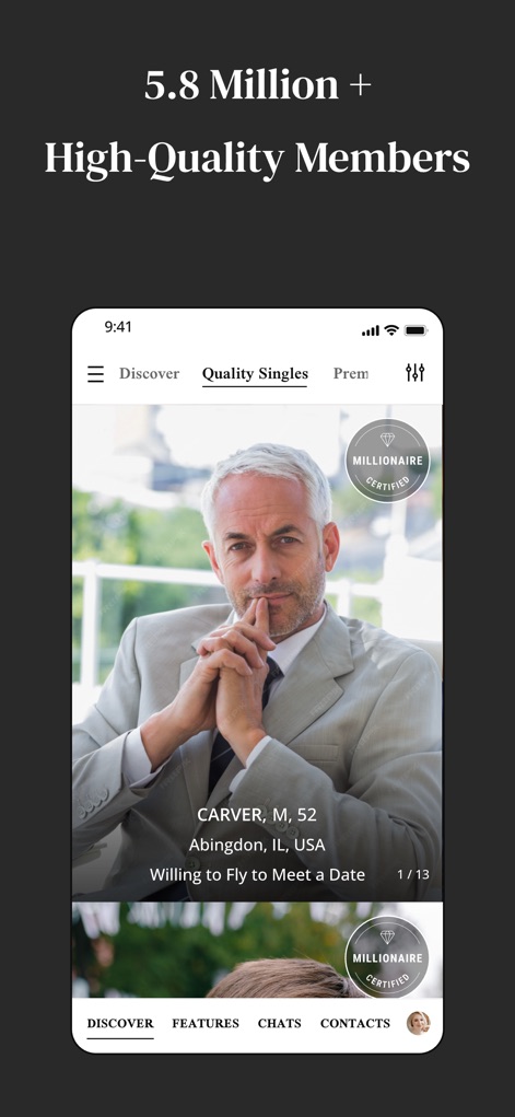MM: Elite Premium Dating App - Observe the "Millionaire Certified" indicator on profiles and the dedicated "Quality Singles" tab, showcasing the app's discerning community.