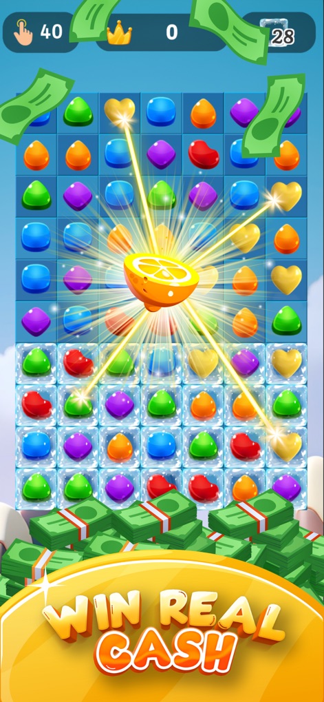 Sugar Cash Match3 Money Prizes - Découvrez la dynamique de jeu enrichissante avec l'explosion du bonus citron et la promesse claire de "Win Real Cash", incitant les joueurs à des gains tangibles.